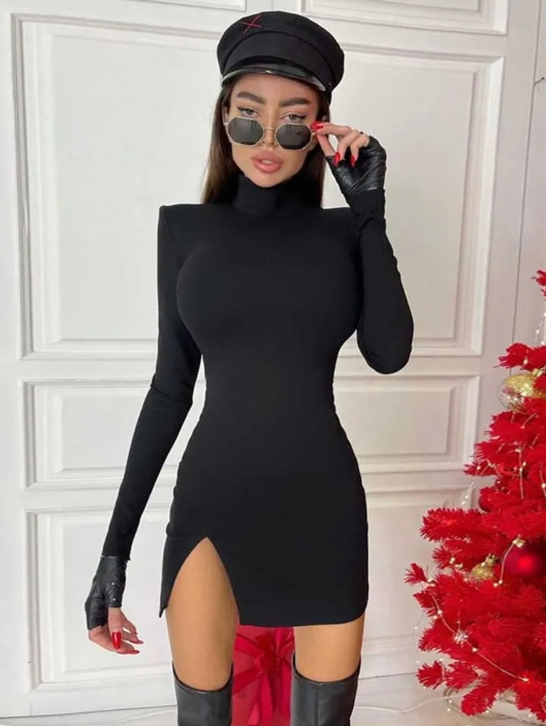 Women Spring Autumn Long Sleeve Bodycon Solid Colour Black Slim Package Hip Mini