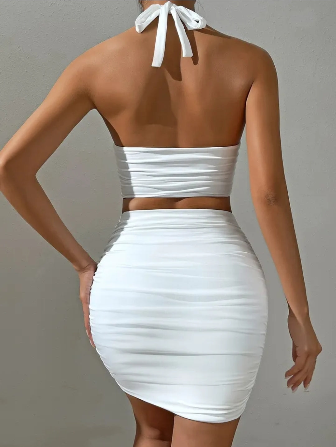 Women White Sexy Halter Neck Sleeveless Backless Two Piece